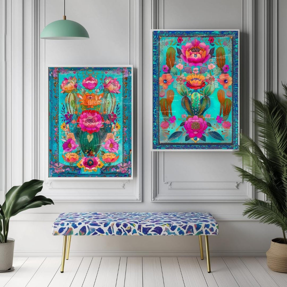 Set of Two Turquoise Mexican Cactus Wall Art – Folk-Style Desert Print Colorful Pink & Blue Maximalist Décor for Southwestern Boho Homes