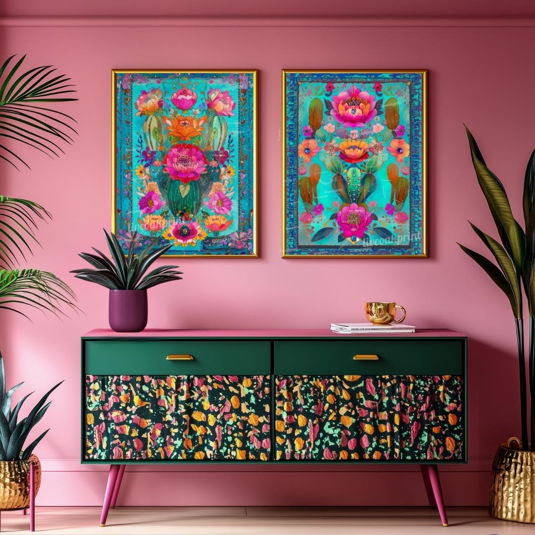 Set of Two Turquoise Mexican Cactus Wall Art – Folk-Style Desert Print Colorful Pink & Blue Maximalist Décor for Southwestern Boho Homes