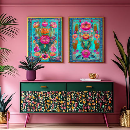 Set of Two Turquoise Mexican Cactus Wall Art – Folk-Style Desert Print Colorful Pink & Blue Maximalist Décor for Southwestern Boho Homes