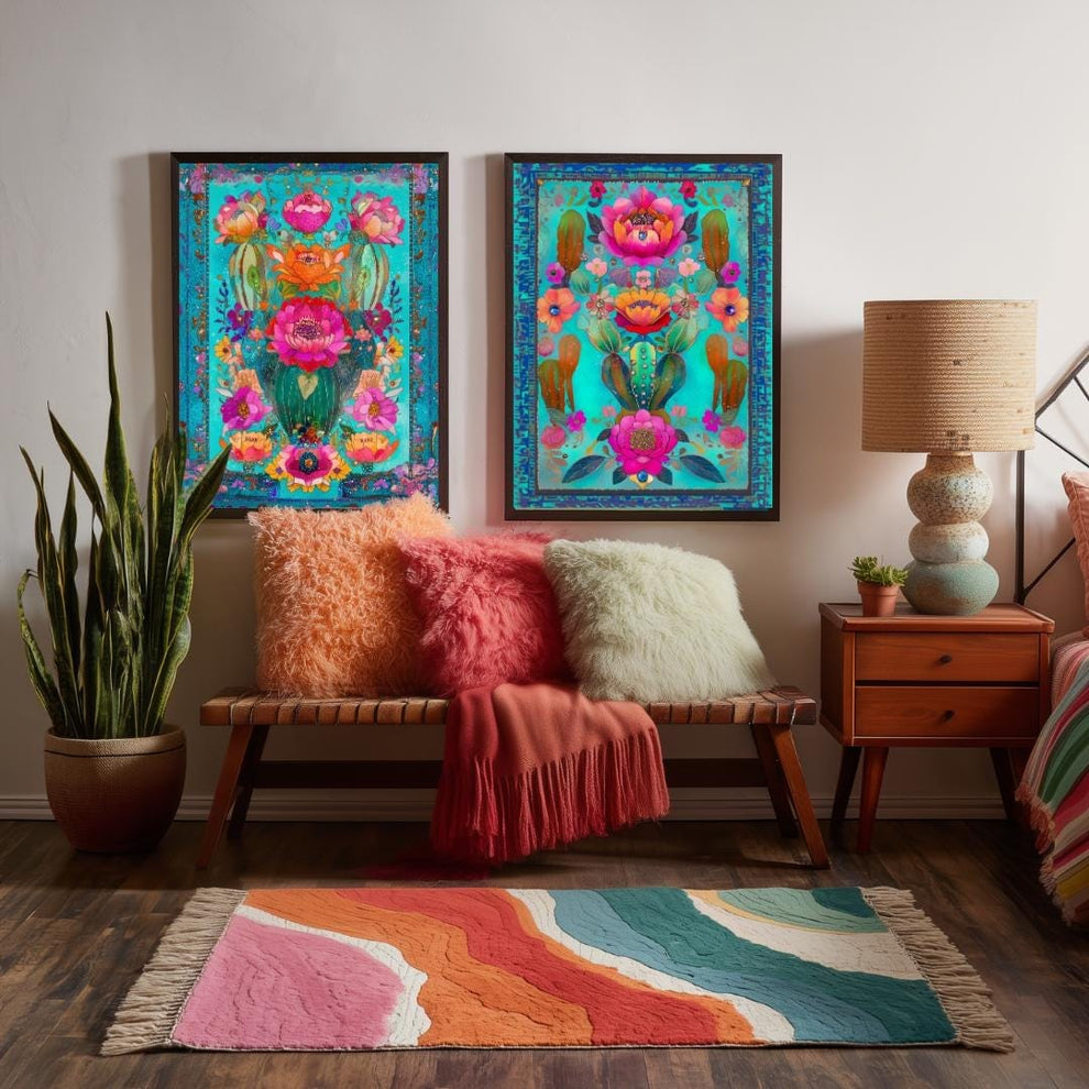 Set of Two Turquoise Mexican Cactus Wall Art – Folk-Style Desert Print Colorful Pink & Blue Maximalist Décor for Southwestern Boho Homes