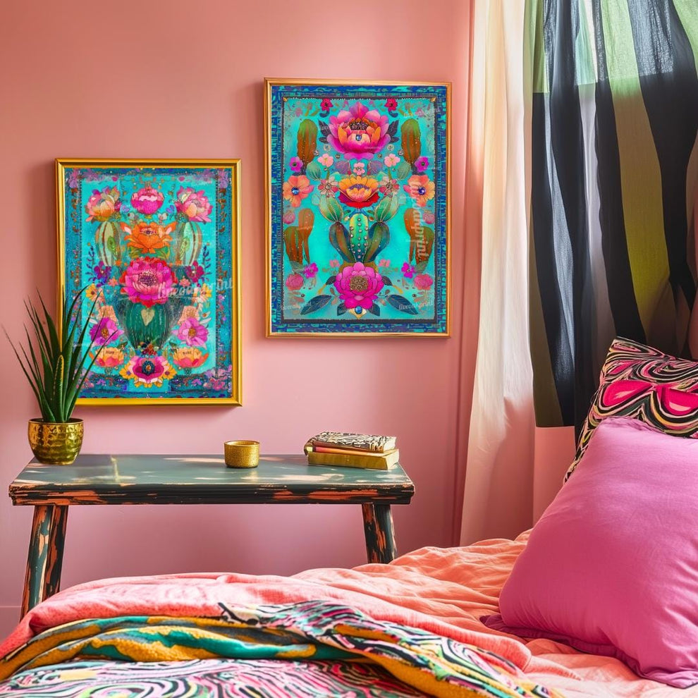 Set of Two Turquoise Mexican Cactus Wall Art – Folk-Style Desert Print Colorful Pink & Blue Maximalist Décor for Southwestern Boho Homes