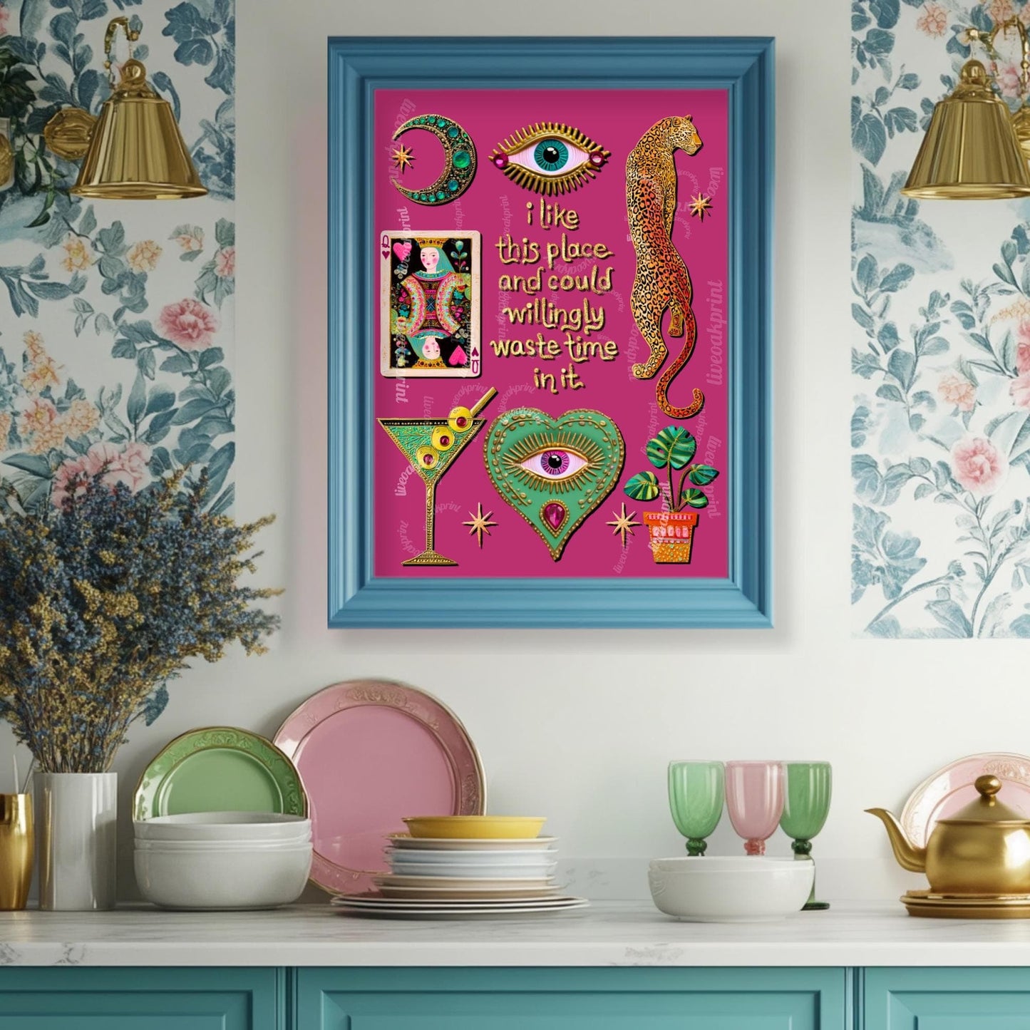 I Like This Place and Could Willingly Waste Time in It Print – Pink Leopard Wall Art Eye Heart Decor Funky Tarot Art Print Witchy Boho Art