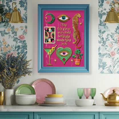 I Like This Place and Could Willingly Waste Time in It Print – Pink Leopard Wall Art Eye Heart Decor Funky Tarot Art Print Witchy Boho Art