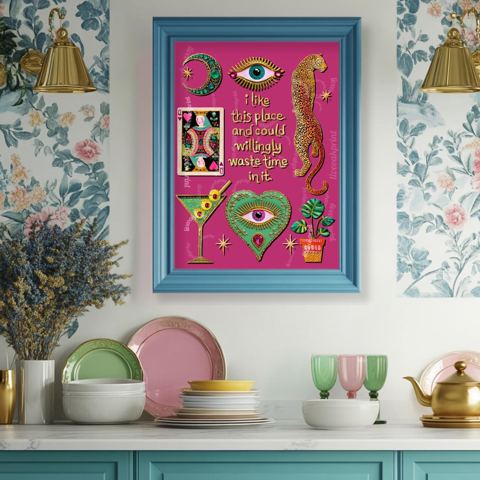 I Like This Place and Could Willingly Waste Time in It Print – Pink Leopard Wall Art Eye Heart Decor Funky Tarot Art Print Witchy Boho Art