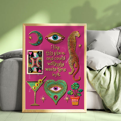 I Like This Place and Could Willingly Waste Time in It Print – Pink Leopard Wall Art Eye Heart Decor Funky Tarot Art Print Witchy Boho Art