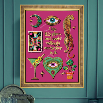 I Like This Place and Could Willingly Waste Time in It Print – Pink Leopard Wall Art Eye Heart Decor Funky Tarot Art Print Witchy Boho Art