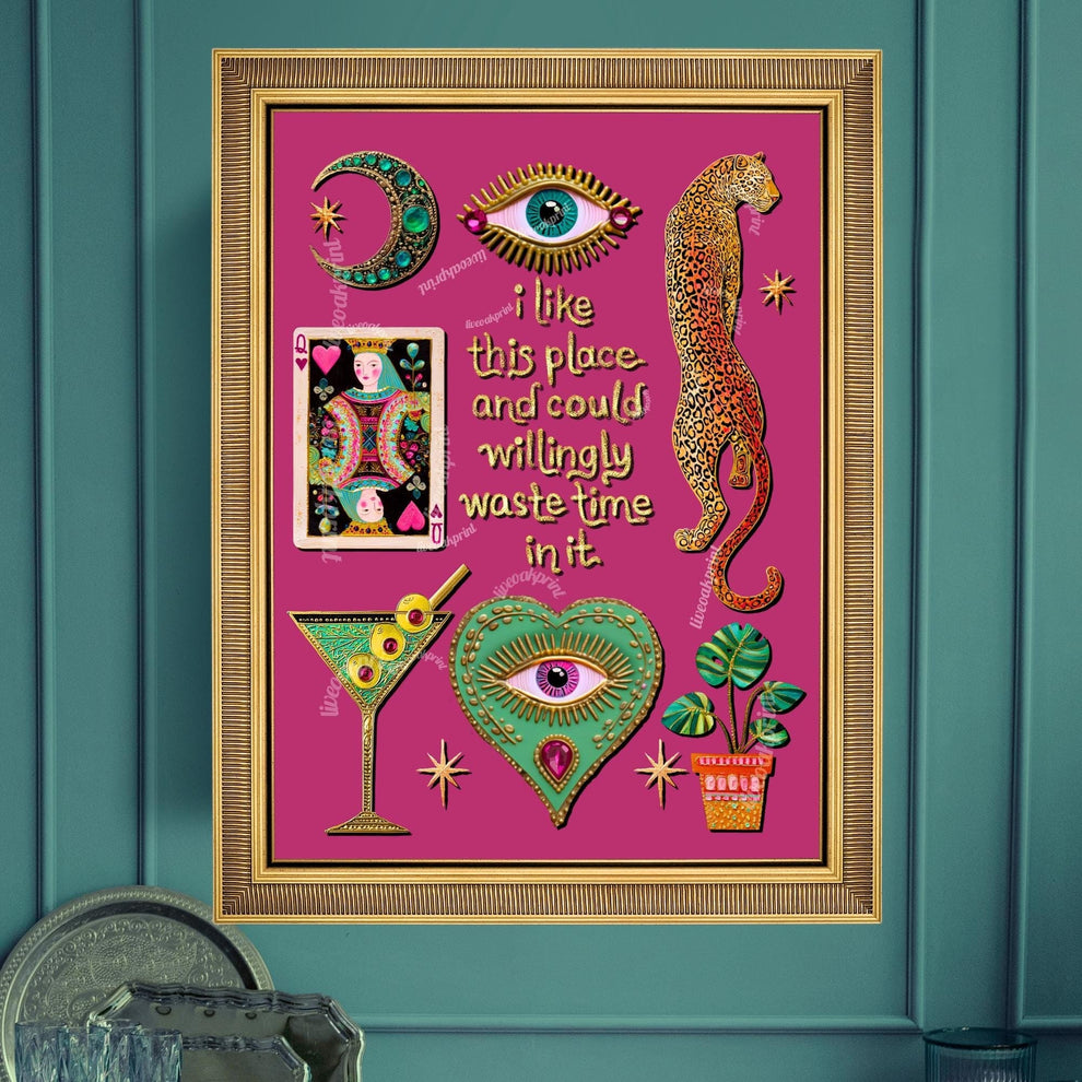 I Like This Place and Could Willingly Waste Time in It Print – Pink Leopard Wall Art Eye Heart Decor Funky Tarot Art Print Witchy Boho Art