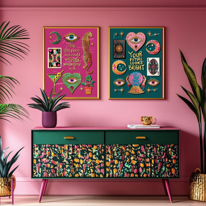 I Like This Place and Could Willingly Waste Time in It Print – Pink Leopard Wall Art Eye Heart Decor Funky Tarot Art Print Witchy Boho Art