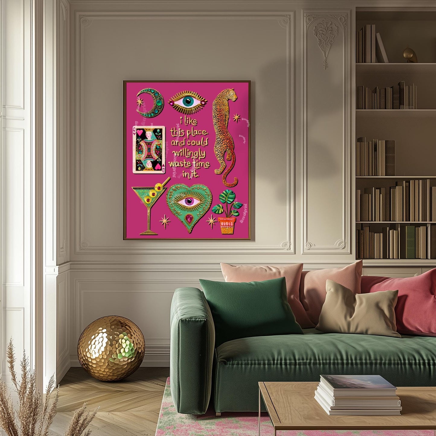 I Like This Place and Could Willingly Waste Time in It Print – Pink Leopard Wall Art Eye Heart Decor Funky Tarot Art Print Witchy Boho Art