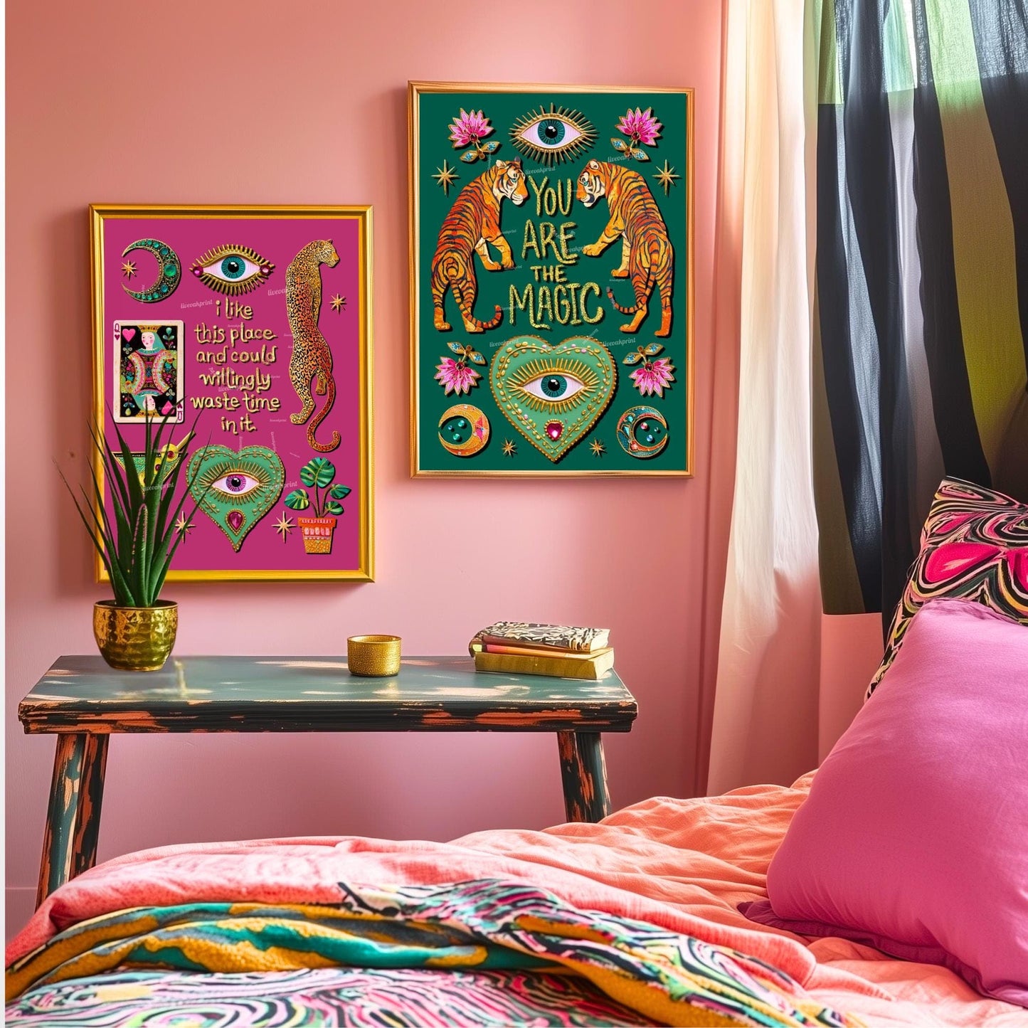 I Like This Place and Could Willingly Waste Time in It Print – Pink Leopard Wall Art Eye Heart Decor Funky Tarot Art Print Witchy Boho Art