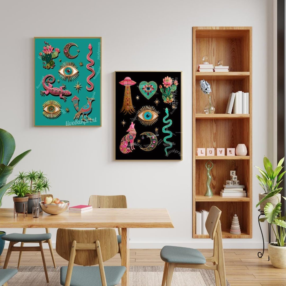 Surreal Southwestern Wall Art Set of Two Prints – Boho Desert Animal Prints with Snakes Eyes and Cactus for Witchy Maximalist Home Decor