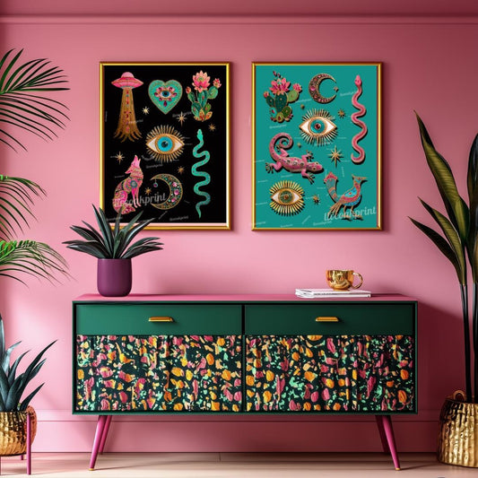Surreal Southwestern Wall Art Set of Two Prints – Boho Desert Animal Prints with Snakes Eyes and Cactus for Witchy Maximalist Home Decor