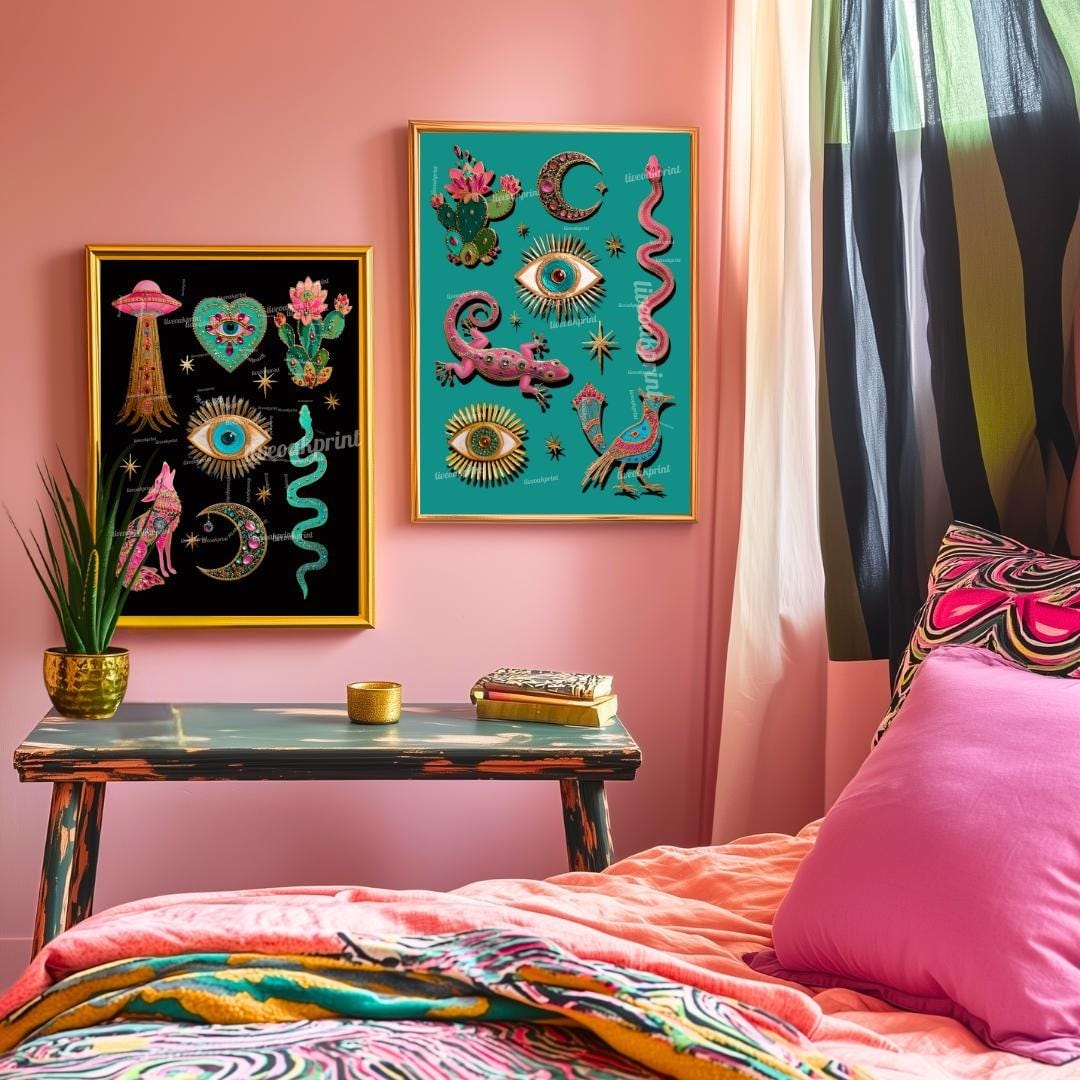 Surreal Southwestern Wall Art Set of Two Prints – Boho Desert Animal Prints with Snakes Eyes and Cactus for Witchy Maximalist Home Decor