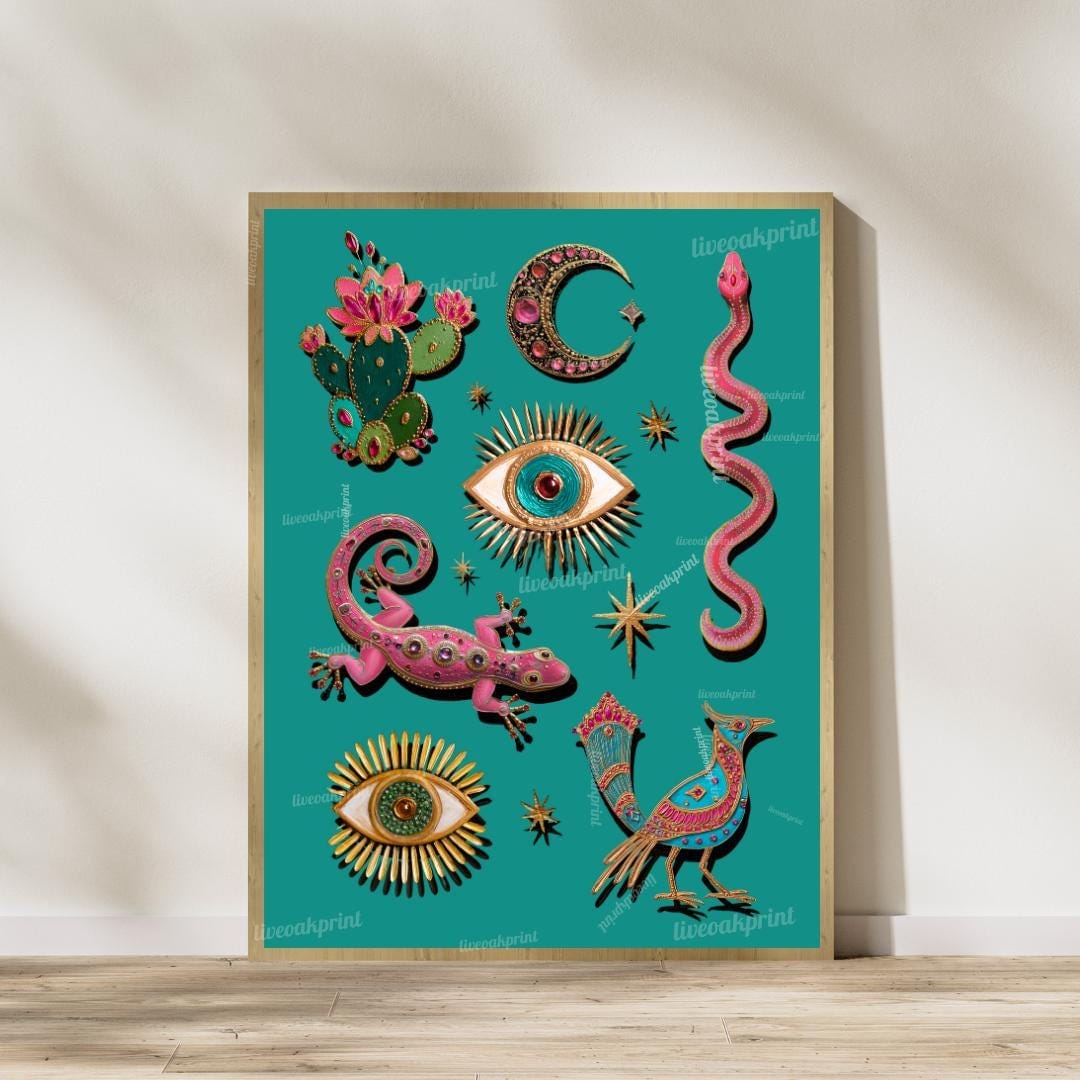 Surreal Southwestern Wall Art Set of Two Prints – Boho Desert Animal Prints with Snakes Eyes and Cactus for Witchy Maximalist Home Decor