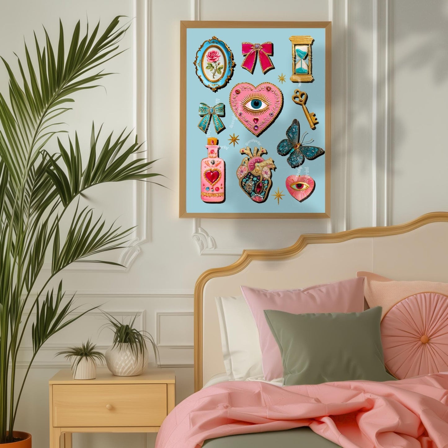 Light Blue Coquette Wall Art – Eyes Wall Art Heart Eye Decor Bow Wall Art and Butterflies Art Print Whimsical Boho Decor for Bedroom Wall