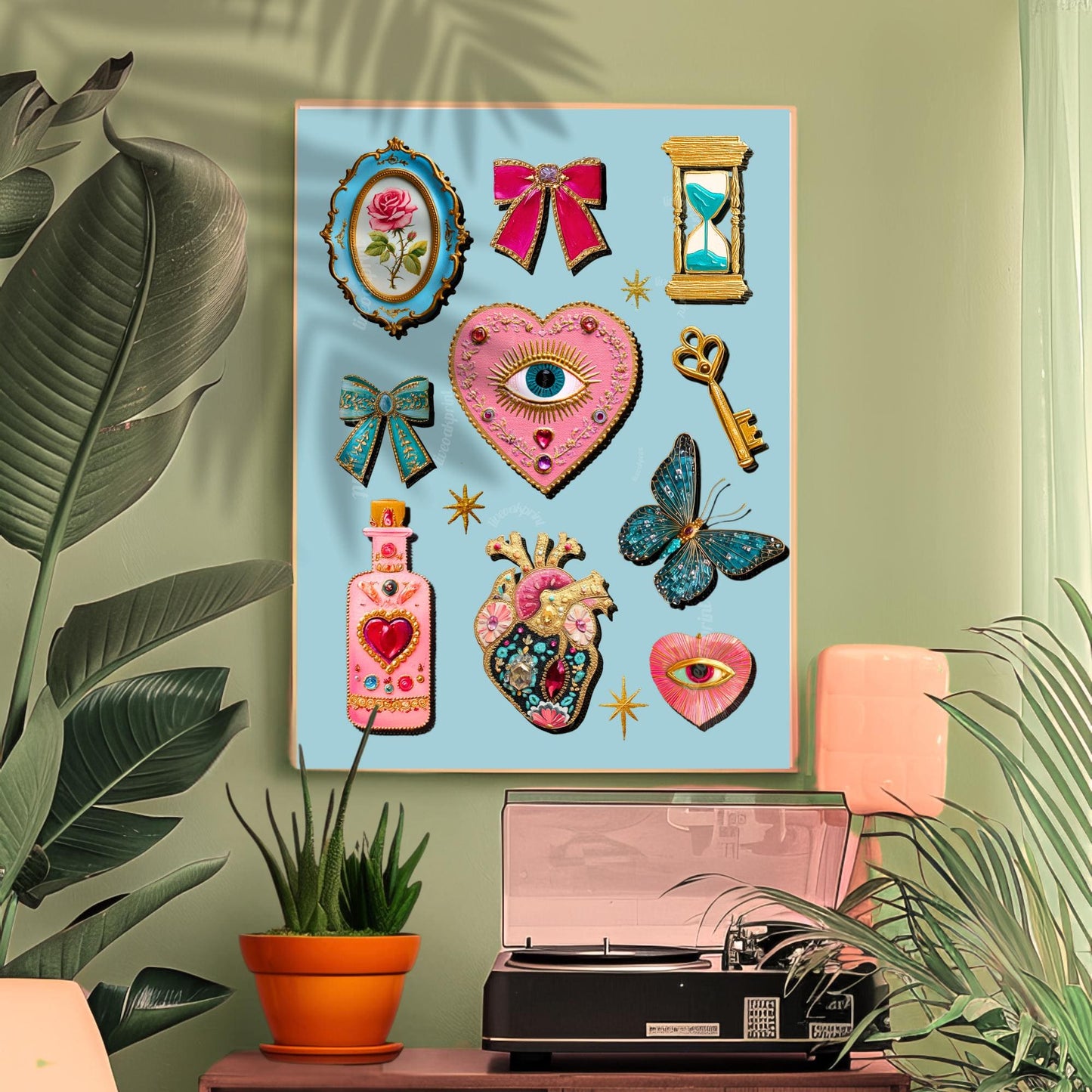Light Blue Coquette Wall Art – Eyes Wall Art Heart Eye Decor Bow Wall Art and Butterflies Art Print Whimsical Boho Decor for Bedroom Wall