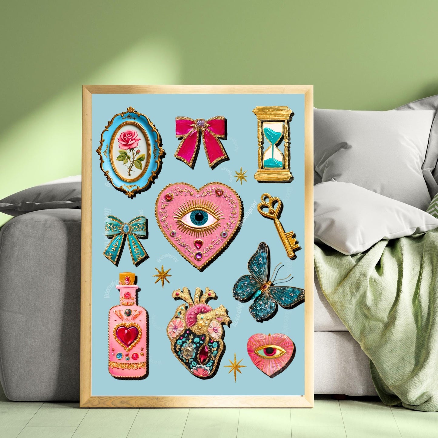 Light Blue Coquette Wall Art – Eyes Wall Art Heart Eye Decor Bow Wall Art and Butterflies Art Print Whimsical Boho Decor for Bedroom Wall