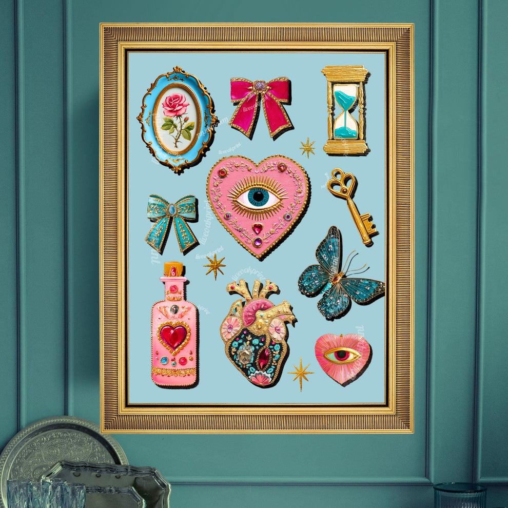 Light Blue Coquette Wall Art – Eyes Wall Art Heart Eye Decor Bow Wall Art and Butterflies Art Print Whimsical Boho Decor for Bedroom Wall