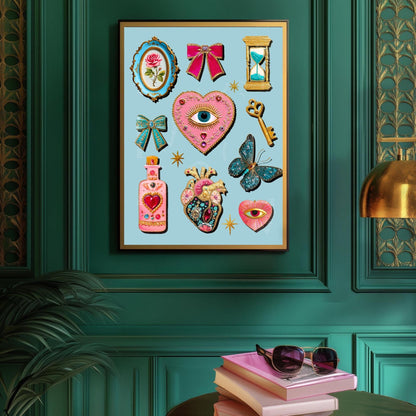 Light Blue Coquette Wall Art – Eyes Wall Art Heart Eye Decor Bow Wall Art and Butterflies Art Print Whimsical Boho Decor for Bedroom Wall