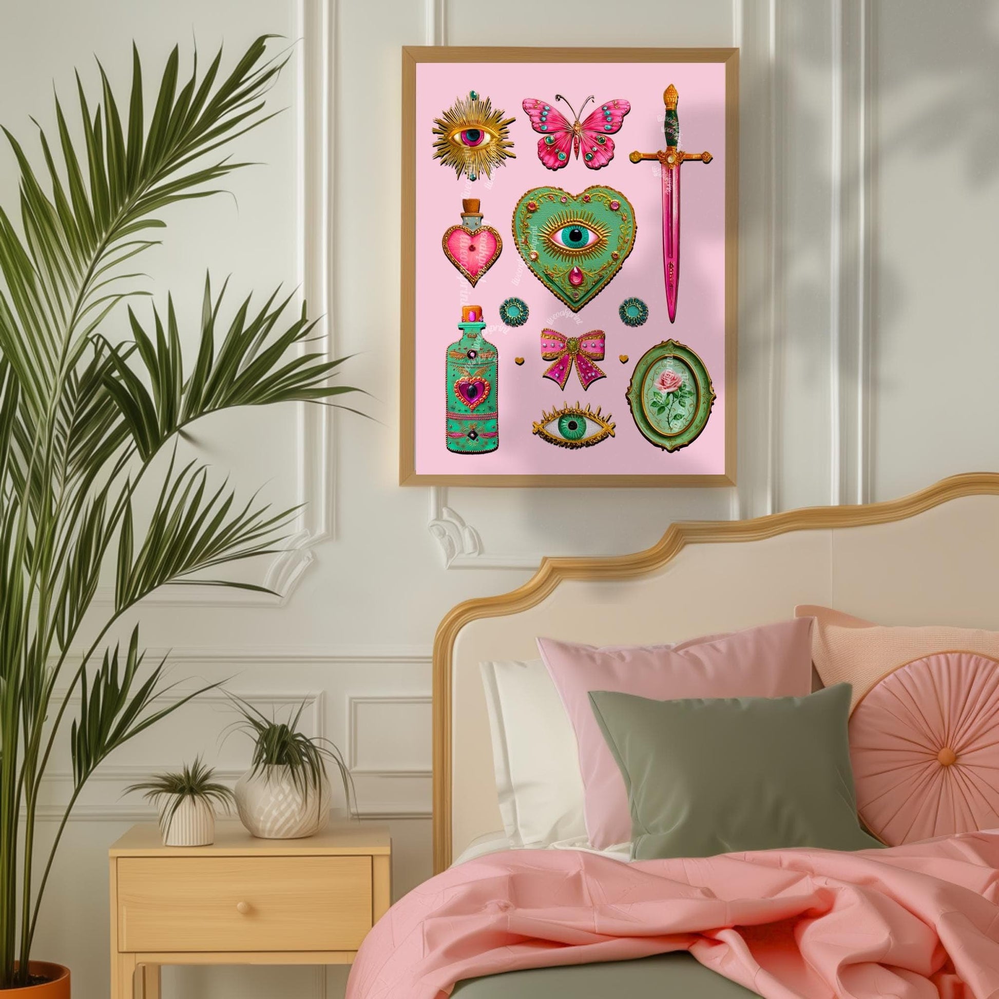 Coquette Pink Surreal Wall Art Print – Eyes Hearts Sword and Butterfly Whimsical Vintage Style Decor for Feminine Gallery Walls