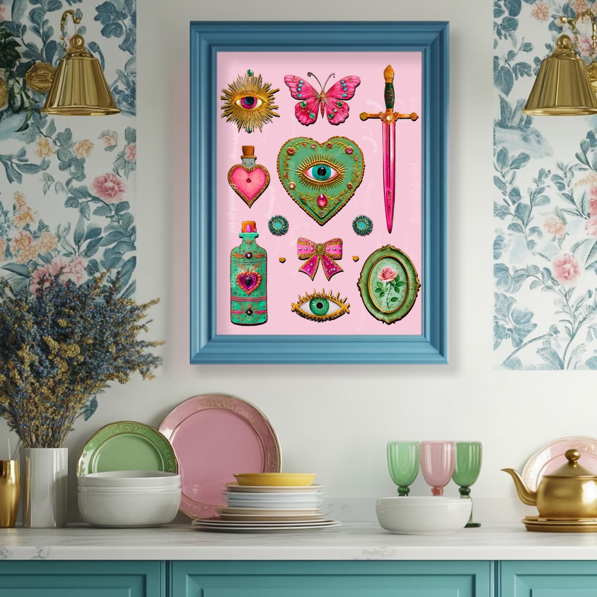 Coquette Pink Surreal Wall Art Print – Eyes Hearts Sword and Butterfly Whimsical Vintage Style Decor for Feminine Gallery Walls