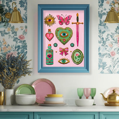Coquette Pink Surreal Wall Art Print – Eyes Hearts Sword and Butterfly Whimsical Vintage Style Decor for Feminine Gallery Walls