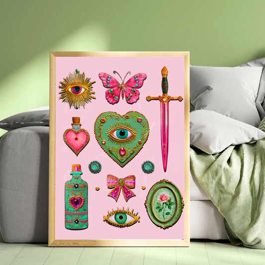 Coquette Pink Surreal Wall Art Print – Eyes Hearts Sword and Butterfly Whimsical Vintage Style Decor for Feminine Gallery Walls