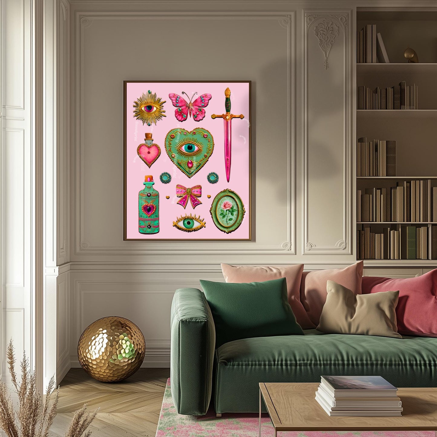 Coquette Pink Surreal Wall Art Print – Eyes Hearts Sword and Butterfly Whimsical Vintage Style Decor for Feminine Gallery Walls