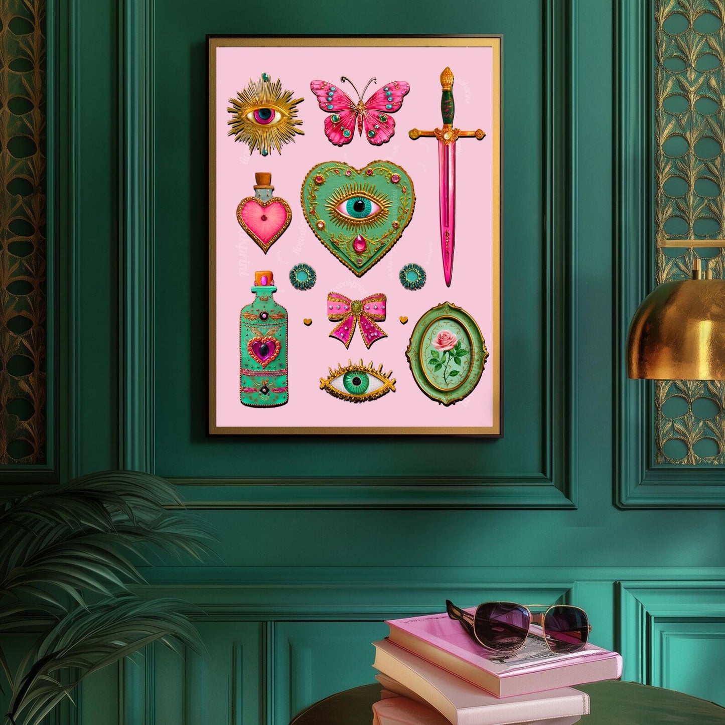 Coquette Pink Surreal Wall Art Print – Eyes Hearts Sword and Butterfly Whimsical Vintage Style Decor for Feminine Gallery Walls