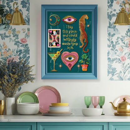 I Like This Place and Could Willingly Waste Time in It Print – Teal Living Room Wall Art Leopard Wall Art Eye Heart Print Teal Art Witchy