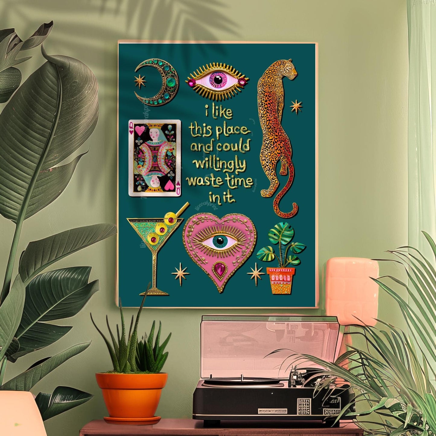 I Like This Place and Could Willingly Waste Time in It Print – Teal Living Room Wall Art Leopard Wall Art Eye Heart Print Teal Art Witchy