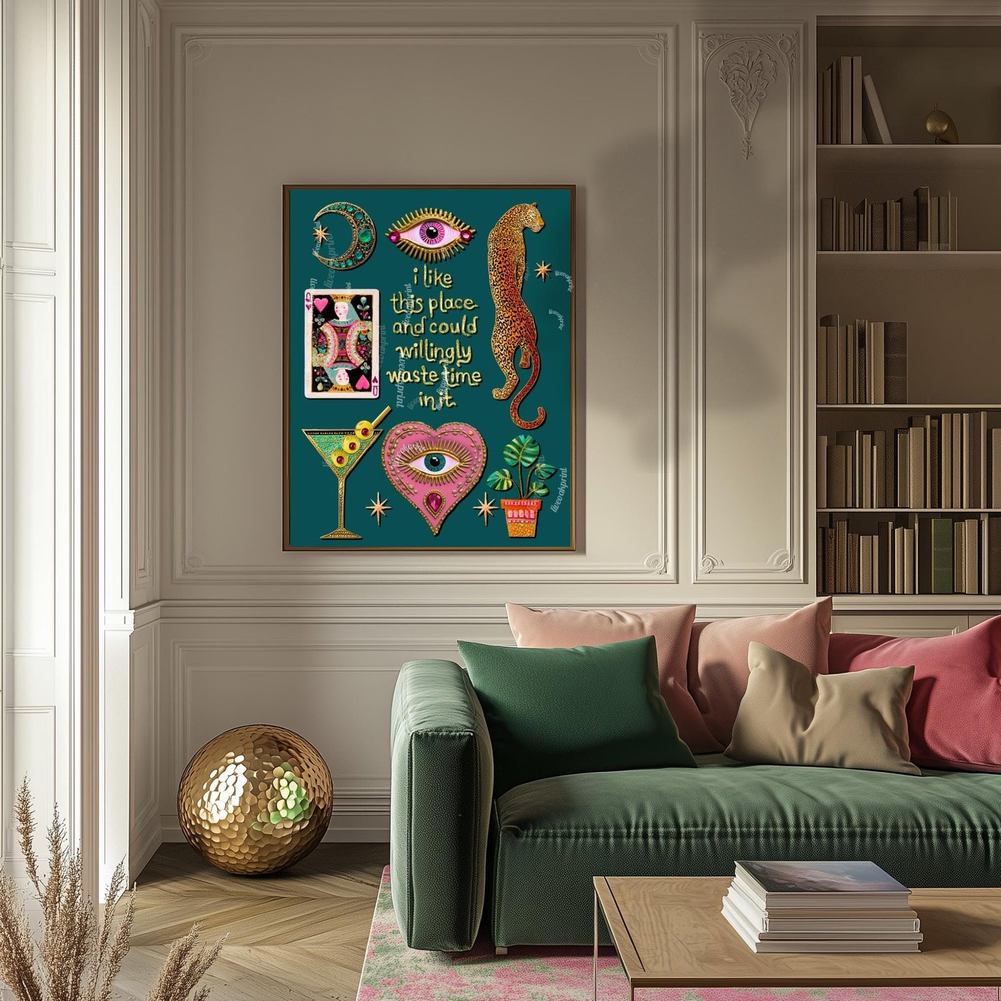 I Like This Place and Could Willingly Waste Time in It Print – Teal Living Room Wall Art Leopard Wall Art Eye Heart Print Teal Art Witchy