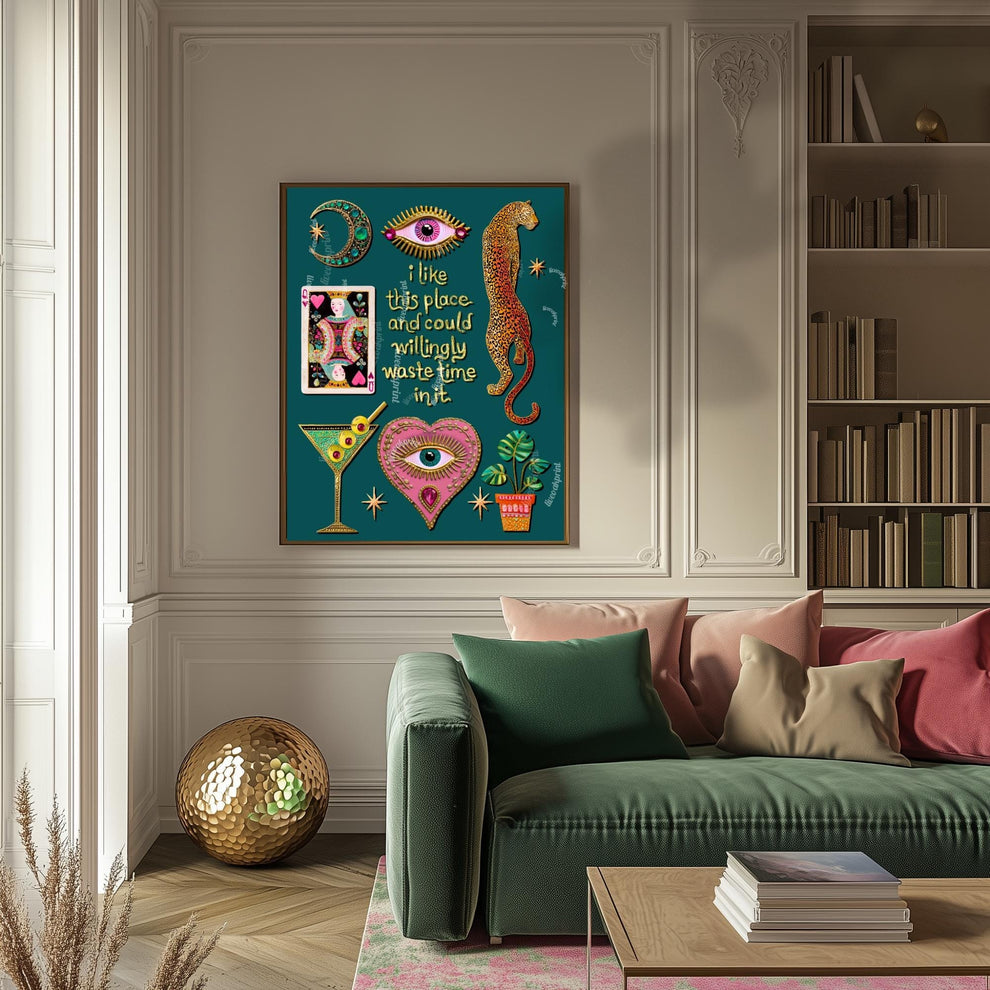 I Like This Place and Could Willingly Waste Time in It Print – Teal Living Room Wall Art Leopard Wall Art Eye Heart Print Teal Art Witchy