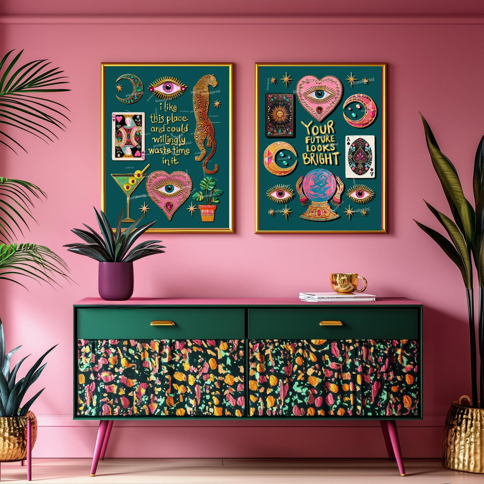 I Like This Place and Could Willingly Waste Time in It Print – Teal Living Room Wall Art Leopard Wall Art Eye Heart Print Teal Art Witchy