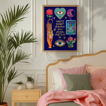 What’s Meant for You Will Never Pass You By Art Print – Mystical Tiger Tarot Wall Decor, The High Priestess Witchy Quote Art