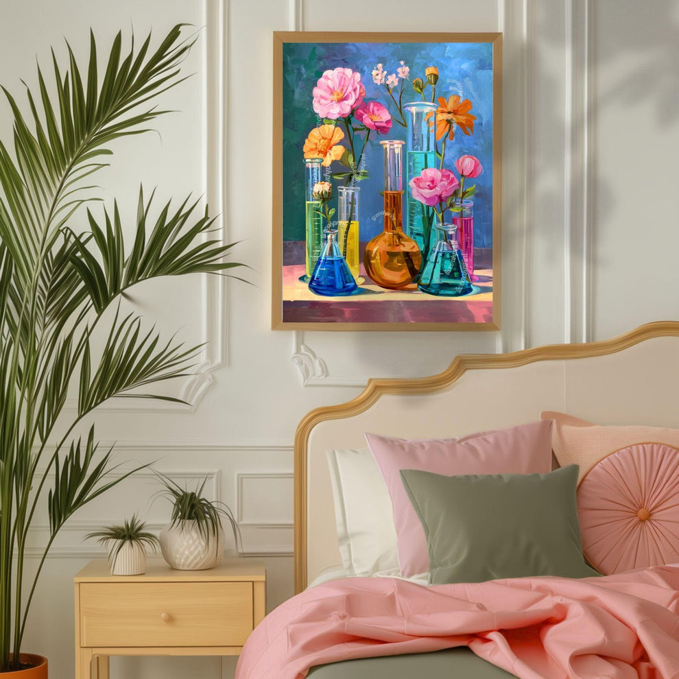 Floral Science Wall Art – Colorful Flowers in Beakers & Test Tubes, Botanical Lab Decor for Scientists, Gardeners and Teachers