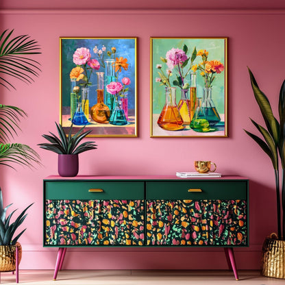 Floral Science Wall Art – Colorful Flowers in Beakers & Test Tubes, Botanical Lab Decor for Scientists, Gardeners and Teachers