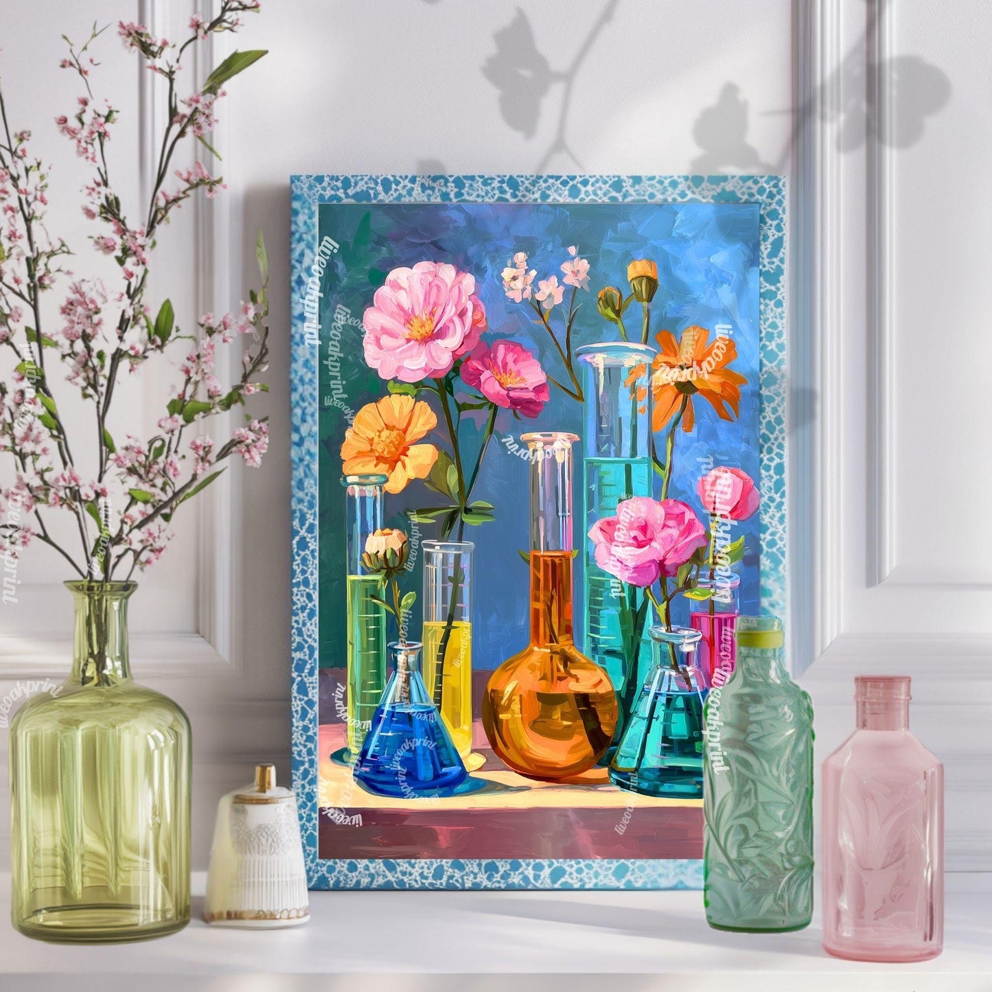 Floral Science Wall Art – Colorful Flowers in Beakers & Test Tubes, Botanical Lab Decor for Scientists, Gardeners and Teachers