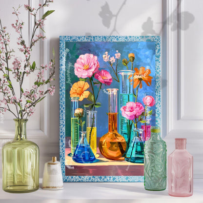 Floral Science Wall Art – Colorful Flowers in Beakers & Test Tubes, Botanical Lab Decor for Scientists, Gardeners and Teachers