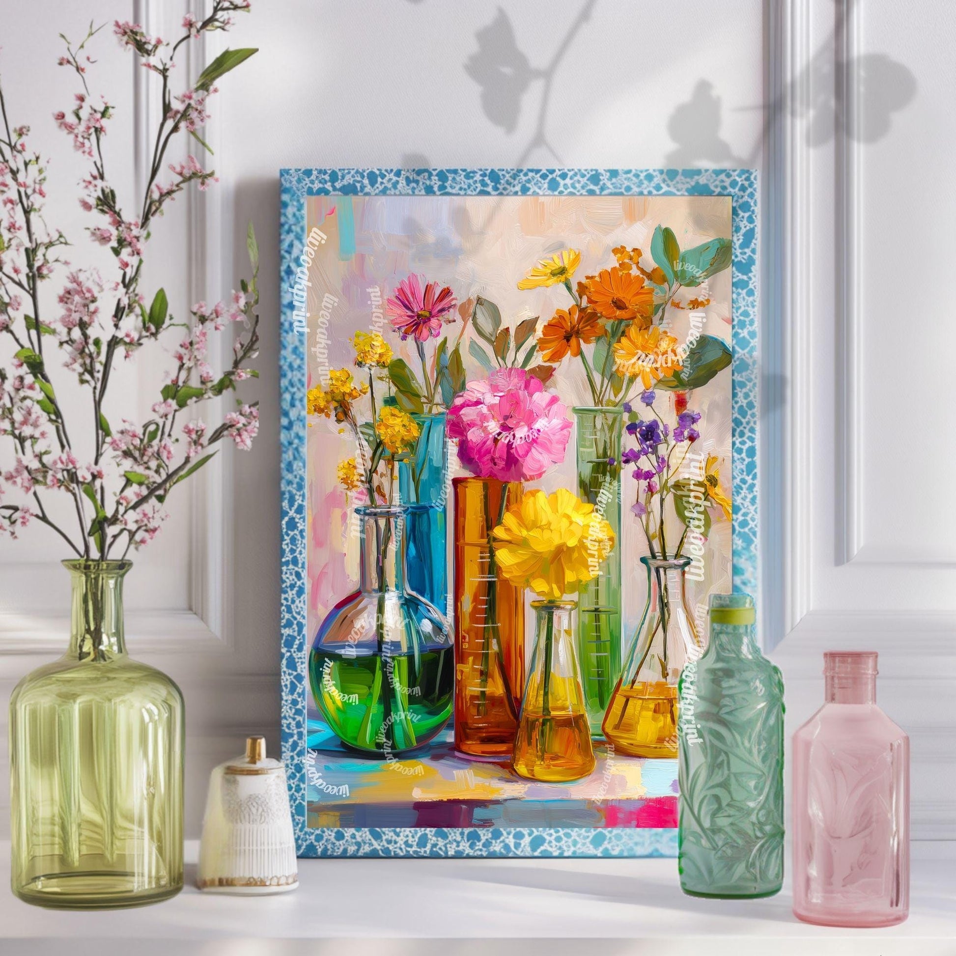Colorful Flower Lab Art Print – Bright Science-Inspired Wall Art with Beakers & Blooms, STEM Classroom or Garden Decor