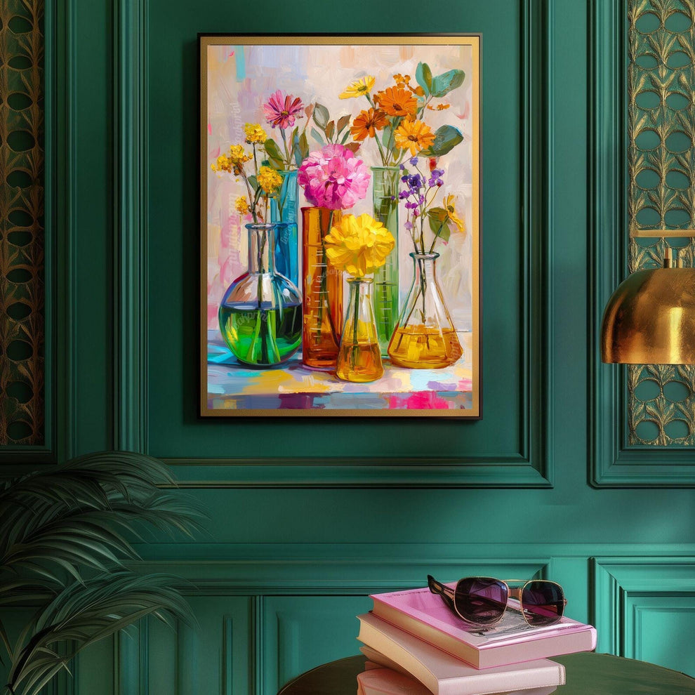 Colorful Flower Lab Art Print – Bright Science-Inspired Wall Art with Beakers & Blooms, STEM Classroom or Garden Decor