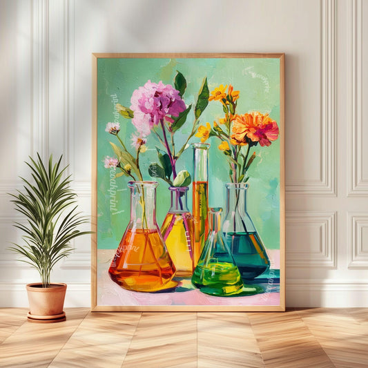 Science and Flowers Wall Art – Colorful Beaker & Blossom Print for STEM Decor, Teacher Gift, or Botanical Lab Aesthetic