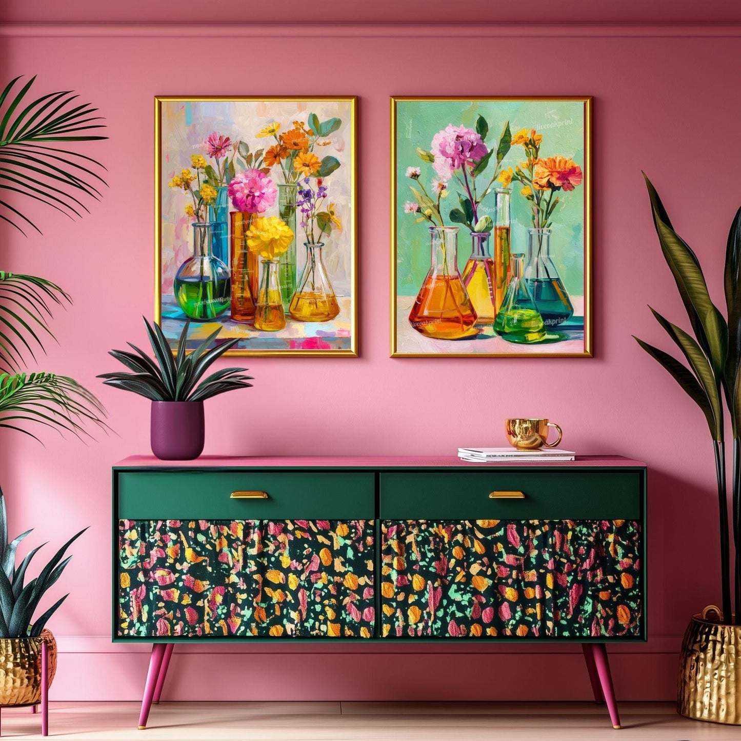 Science and Flowers Wall Art – Colorful Beaker & Blossom Print for STEM Decor, Teacher Gift, or Botanical Lab Aesthetic