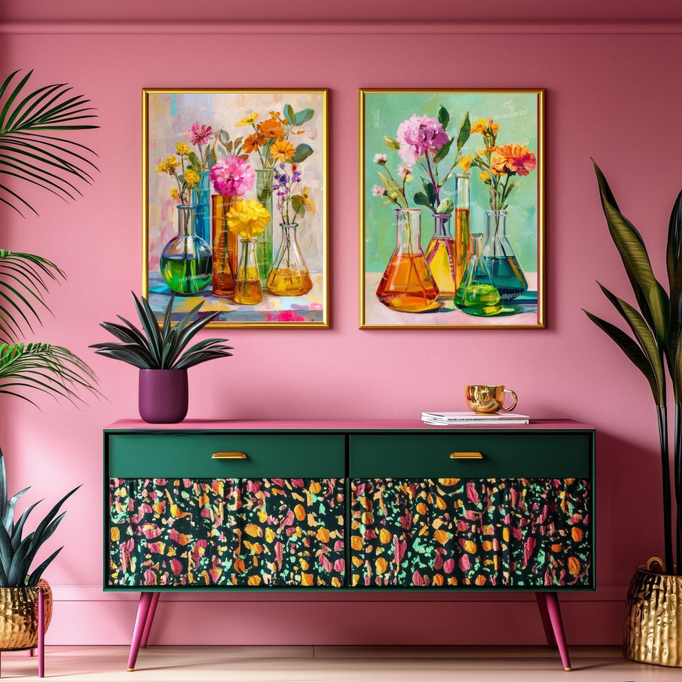 Science and Flowers Wall Art – Colorful Beaker & Blossom Print for STEM Decor, Teacher Gift, or Botanical Lab Aesthetic