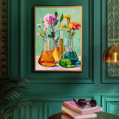 Science and Flowers Wall Art – Colorful Beaker & Blossom Print for STEM Decor, Teacher Gift, or Botanical Lab Aesthetic