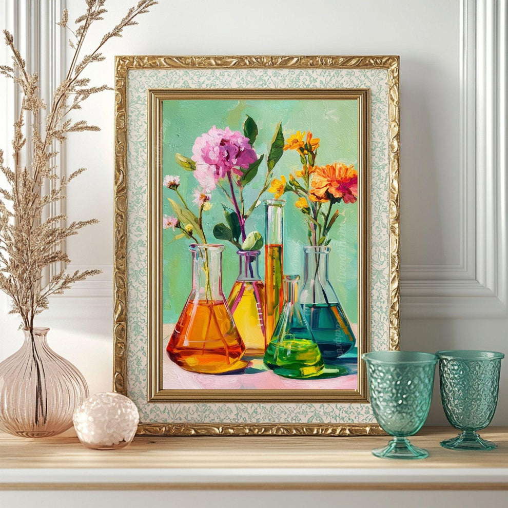 Science and Flowers Wall Art – Colorful Beaker & Blossom Print for STEM Decor, Teacher Gift, or Botanical Lab Aesthetic