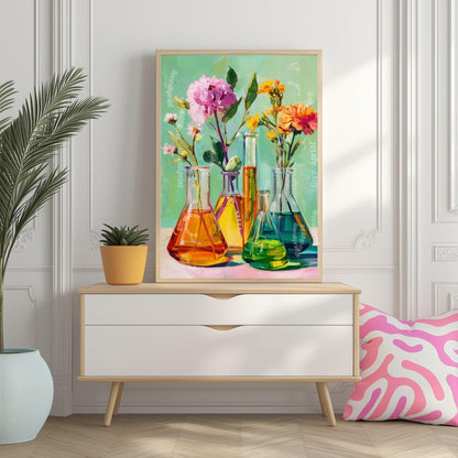Science and Flowers Wall Art – Colorful Beaker & Blossom Print for STEM Decor, Teacher Gift, or Botanical Lab Aesthetic