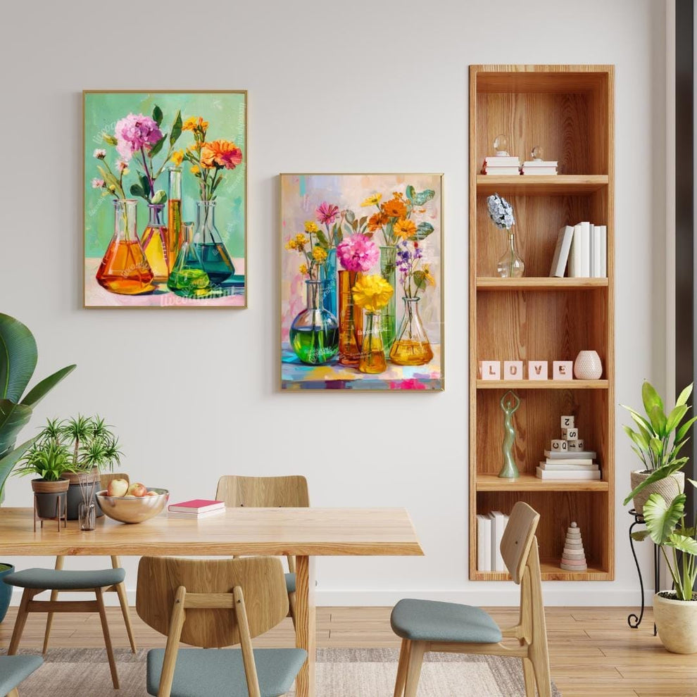 Floral Beaker Wall Art Set – Colorful Science-Inspired Flower Prints for Lab Decor, Classroom, or Whimsical Home Gallery