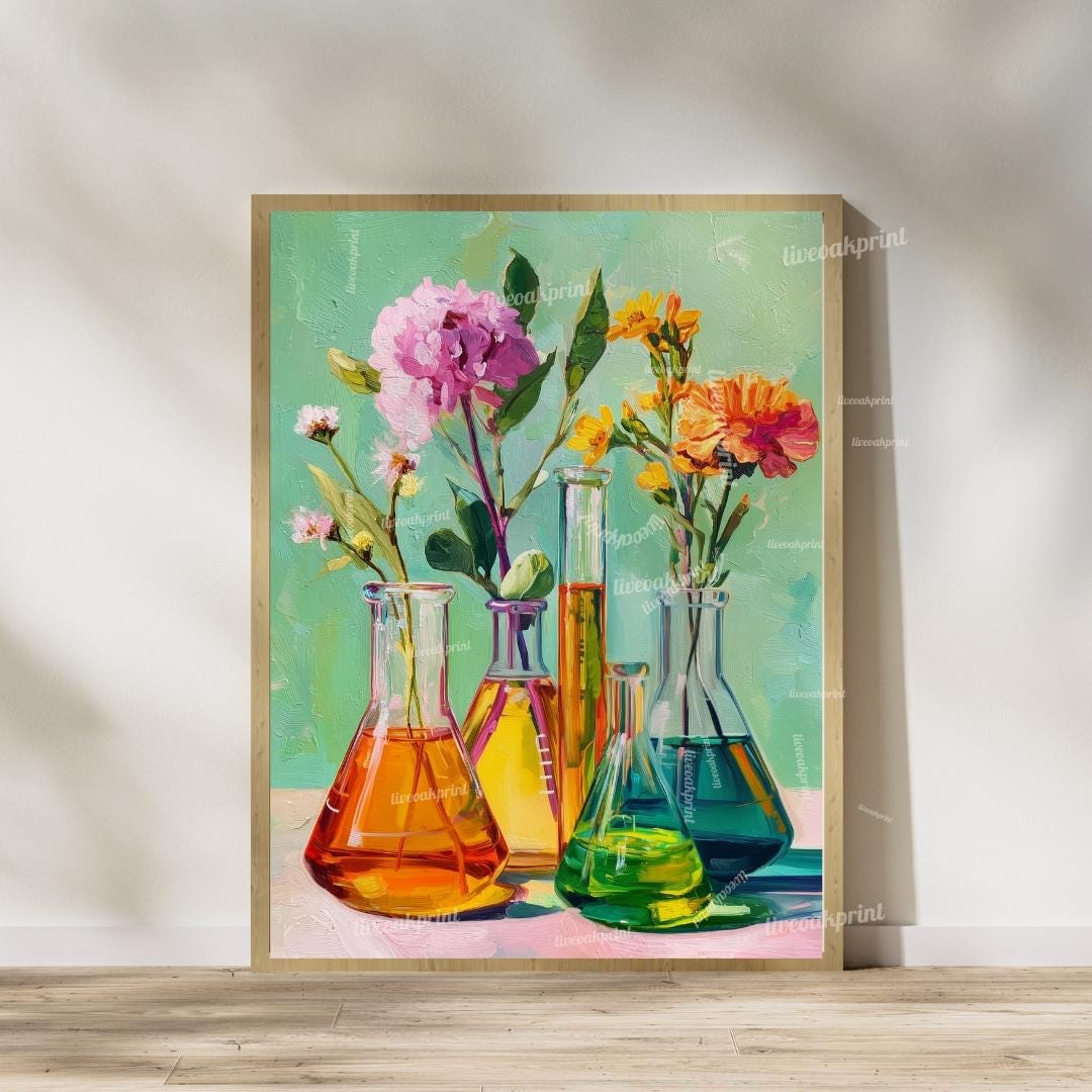 Floral Beaker Wall Art Set – Colorful Science-Inspired Flower Prints for Lab Decor, Classroom, or Whimsical Home Gallery