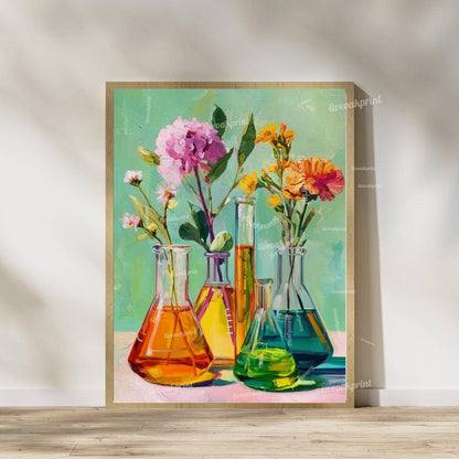 Floral Beaker Wall Art Set – Colorful Science-Inspired Flower Prints for Lab Decor, Classroom, or Whimsical Home Gallery